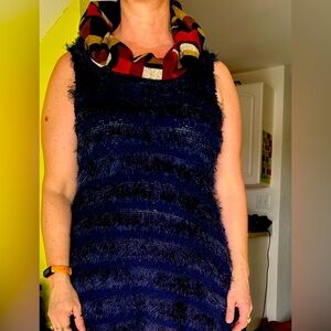 Navy blue furry tunic with contrast lining on hood, dumb clothing, size L